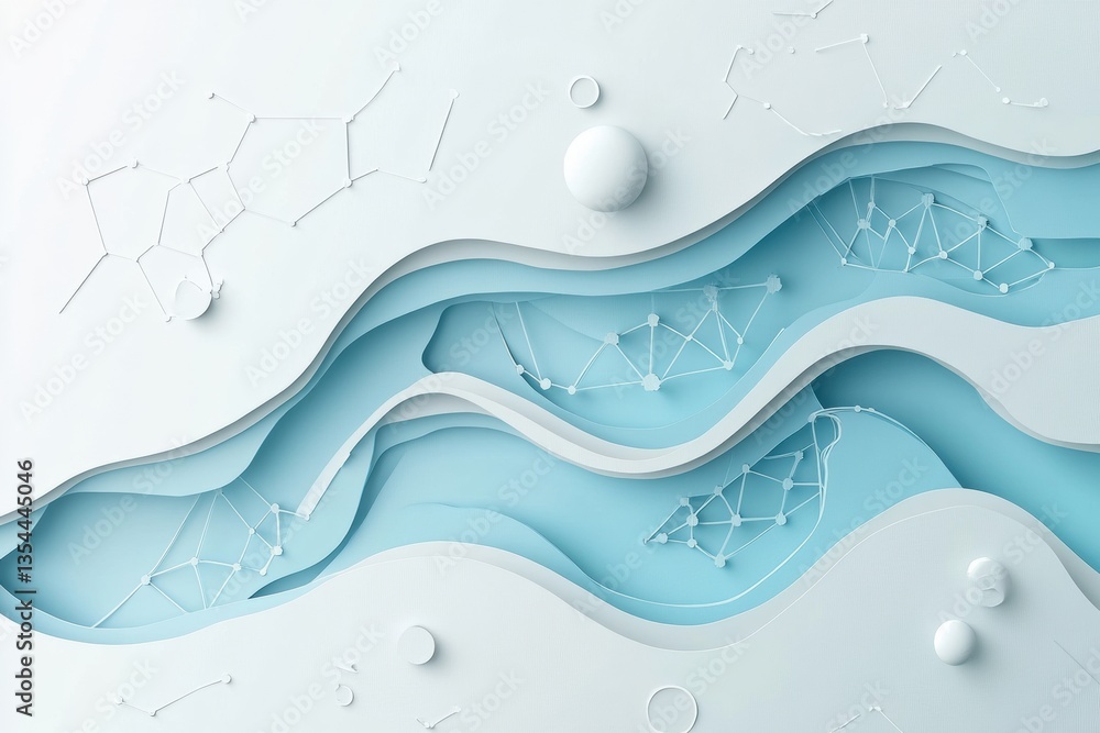 Poster Futuristic paper cut design with molecular structures and DNA helixes on a sleek background showcasing interconnected layers