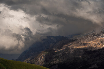 nature sceneriesinside the Sass Pordoi, Sella mountain range, Dolomites, Val di Fassa, Italy