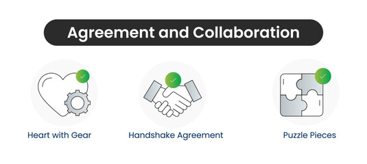 Agreement and Collaboration. Handshake Agreement, Puzzle Pieces, Heart with Gear. Business.