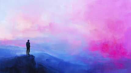 Obraz premium person stands on cliff, gazing at vibrant pink and blue sky, evoking sense of wonder and tranquility