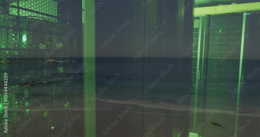 Poster animation of ocean waves blending with green-lit server racks in surreal scene