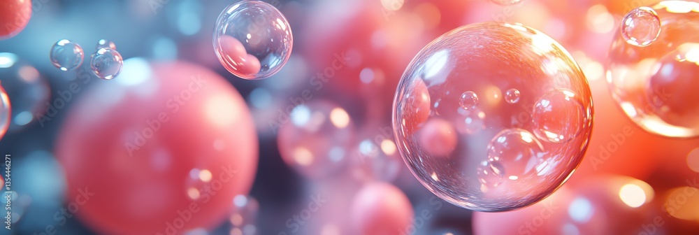Poster floating spheres and bubbles with abstract background light and color