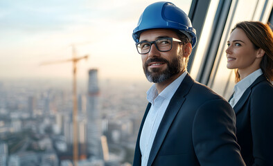 Fototapeta premium confident engineer in blue hard hat stands with colleague, overlooking city skyline during sunset. scene conveys professionalism and teamwork in urban environment