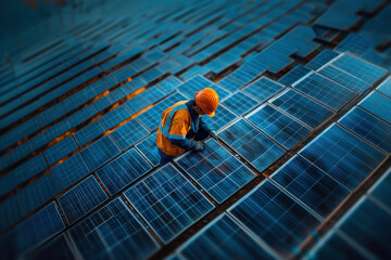 Engineer inspecting vast solar panel array under cloudy urban skyline