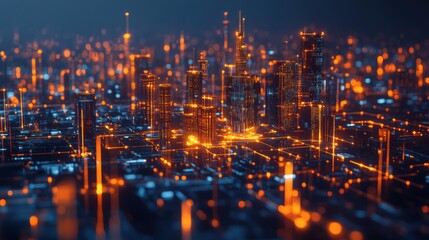 Fototapeta premium Futuristic city network cityscape, abstract, digital, illustration, use in technology or science, background, concept