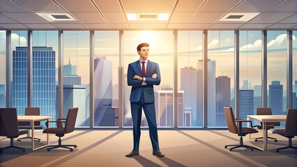 Successful businessman standing in a panoramic office overlooking a cityscape.  Concepts of success, leadership, ambition, and corporate achievement.