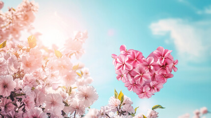 Fototapeta premium Pink flower heart floating in the sky next to a tree with pink flowers in the bright sunlight