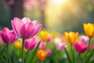 Vibrant spring flowers in full bloom with "Welcome Spring" message on colorful nature background, bloom, colorful, flowers