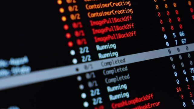 terminal interface with shallow depth of field showing container statuses from left to right, starting with detailed focus on error and running states in devops environment