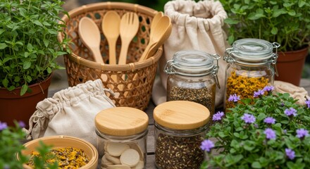 Fototapeta premium Eco-Friendly kitchen with wooden utensils, spices and herbs for Sustainable Living