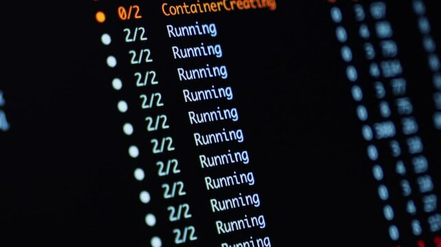 scrolling through kubernetes pod status in terminal window with active container logs and running processes overview