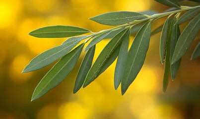 Obraz premium Olive Branch with Green Leaves and Water Droplets on Yellow Background