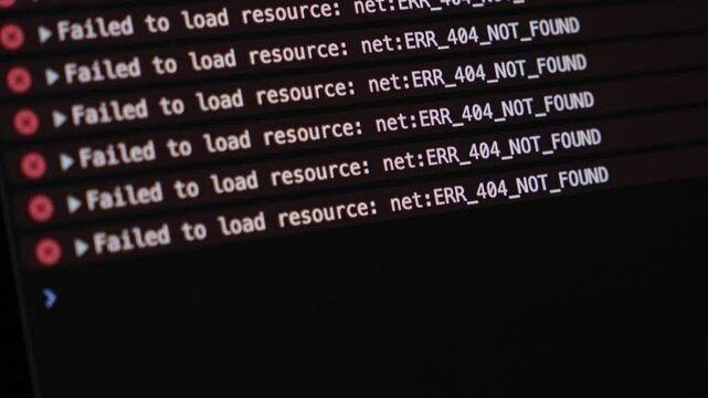 browser developer console with 404 not found error messages gradually appearing on screen with subtle zoom effect during website debugging
