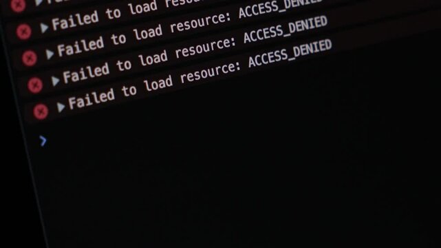 access denied error messages with zoom effect on developer console while debugging failed resource loading in dark mode interface