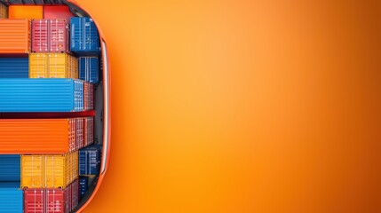 A high-fidelity overhead view showcases a cargo ship carrying colorful shipping containers against a vibrant orange background ideal for logistics PowerPoint presentations and copy