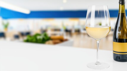 An elegant white wine glass and bottle sit on a pristine white counter against a blurred background of a modern upscale restaurant perfect for a sophisticated PowerPoint