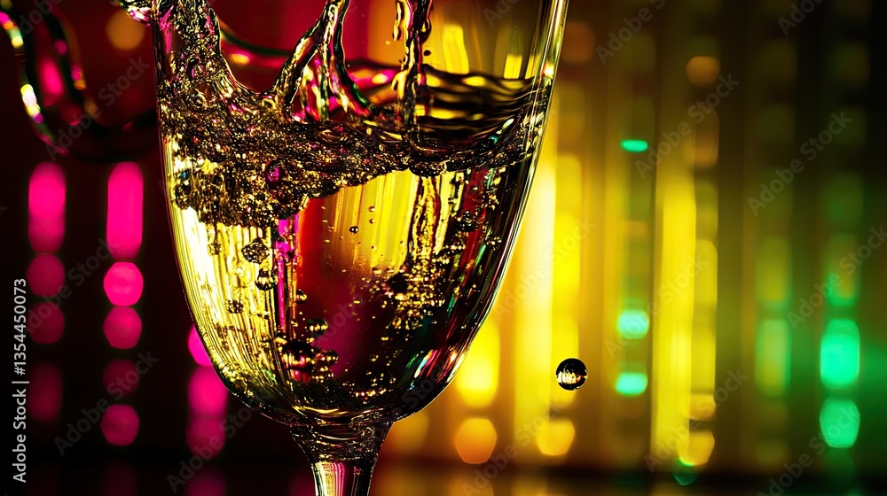 Poster fluid splashes within glass, vibrant lights illuminating the background, adding depth and bokeh