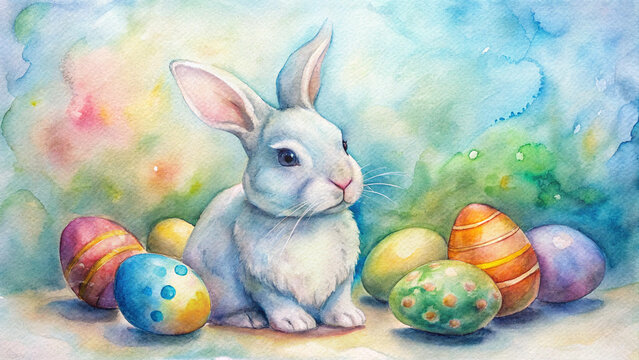 White bunny with colorful eggs in a pastel watercolor background  