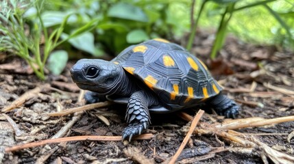 Tiny turtle in garden soil.  Possible use for nature and animal photos