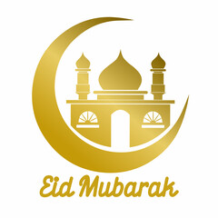 Graphic vector illustration of mosque design with dome and minaret inside golden crescent circle with Eid Mubarak theme. Perfect for greeting cards, social media, posters and Eid celebration.