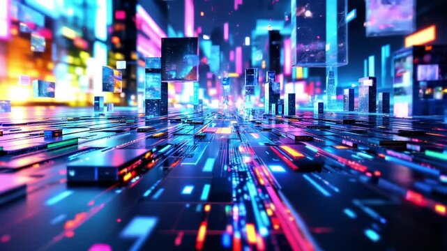 Fragments of a holographic cityscape shift and glitch pixelating and reforming into abstract patterns of floating neon blueprints high resolution abstract animation 4k video
