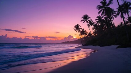Spectacular Violet Sunset Over a Secluded Tropical Beach with Palm Trees Silhouetted Against the Vibrant Evening Sky,4k