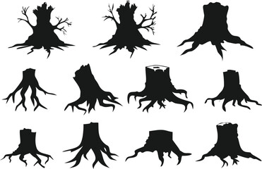Collection of Silhouettes of Tree Stumps with Roots
