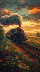 Obraz premium Timeless Journey: A Harmony of Steam and Sunset Across Countryside Rails