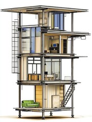 House cross section view with open layout shows interior design and steel frame construction
