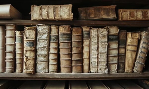Old books on wooden shelves with worn covers in a library setting