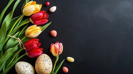 Black Tabletop with Easter Eggs and Fresh Tulips in Overhead Composition, Hyperrealistic Flat Lay for Web Design Concepts. E-commerce Store Banner Template with Copy Space, Spring Festival Advertising
