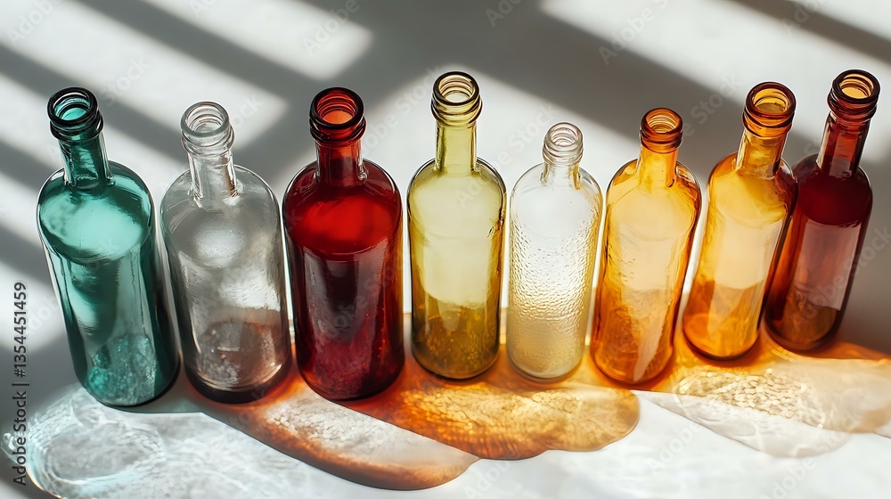Poster colorful glass bottles in row casting shadows on white surface. transparent empty containers in turq