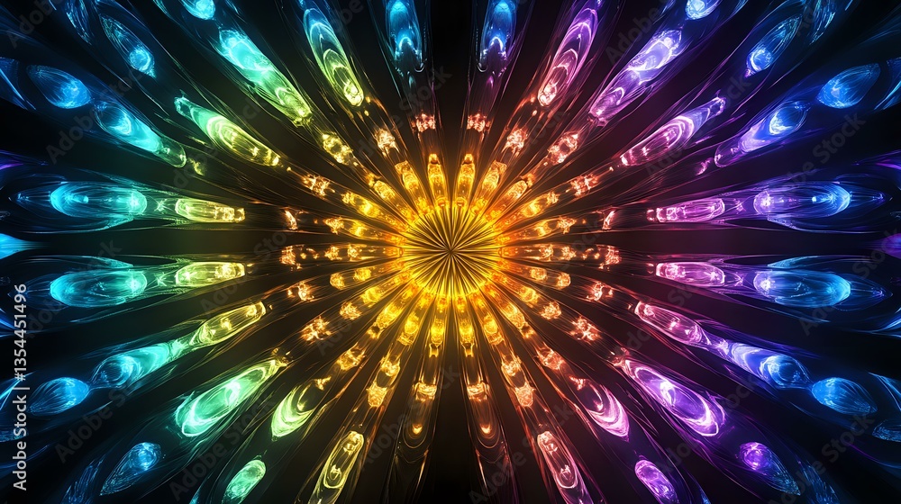 Aufkleber vibrant rainbow starburst pattern radiating from center on black background with glowing neon effect