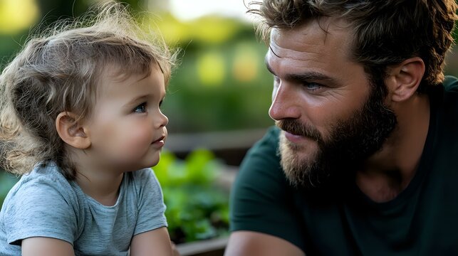 Caucasian bearded father and toddler daughter share tender moment outdoors in garden setting, expressing parental love and emotional connection during quality family time.