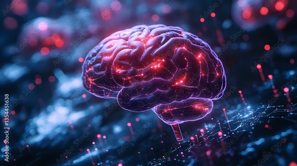 Poster glowing red brain model with neural connections on dark background with bokeh lights, representing a