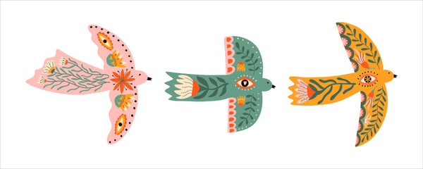 Ethnic abstract birds with ornaments. Concept doves of peace and stop war. Poster with symbol. Hand drawn vector illustration.