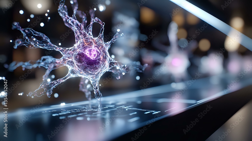Aufkleber glowing purple neuron with detailed dendrites and axons floating above digital surface, scientific v