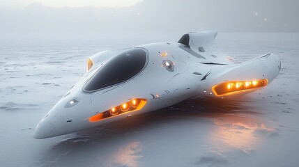 Futuristic Spaceship Landing in Snowy Landscape