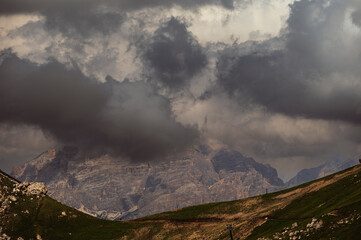 nature sceneriesinside the Sass Pordoi, Sella mountain range, Dolomites, Val di Fassa, Italy