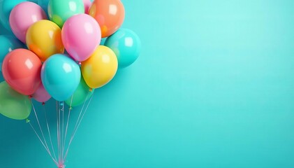 Vibrant turquoise background with a bunch of floating happy birthday balloons, balloons, festive