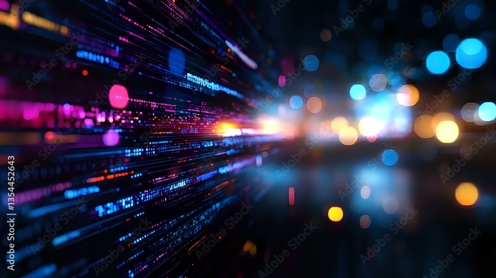 Poster abstract digital technology background with glowing light streaks and bokeh effects in pink, blue an