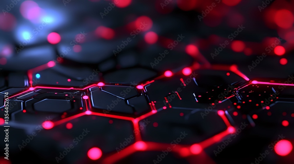 Poster glowing red and blue hexagonal pattern on black background with digital network connections and ligh