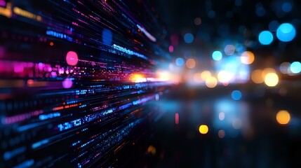 Obraz premium Abstract digital technology background with glowing light streaks and bokeh effects in pink, blue and orange creating dynamic motion perspective.