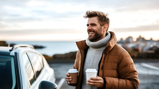 Man enjoys hot coffee in warm clothing by the sea during sunset - Powered by Adobe