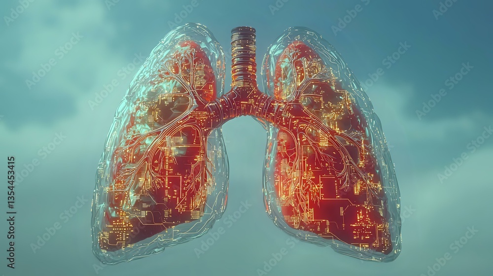 Poster glowing anatomical lungs with intricate network of bronchi and blood vessels against turquoise backg