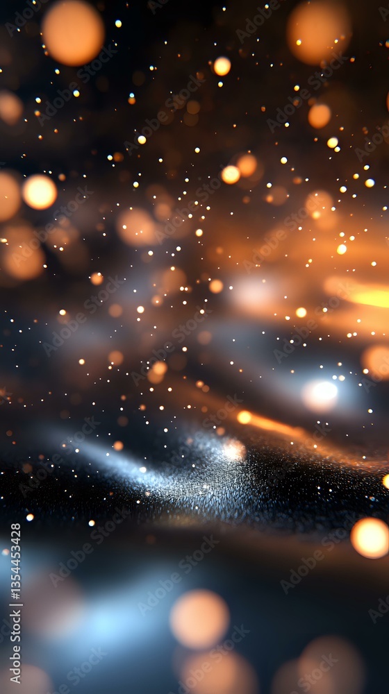 Poster magical glowing particles and bokeh lights floating in dark space with blue and orange illumination 
