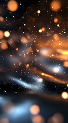 Fototapeta premium Magical glowing particles and bokeh lights floating in dark space with blue and orange illumination creating dreamy atmospheric background effect.