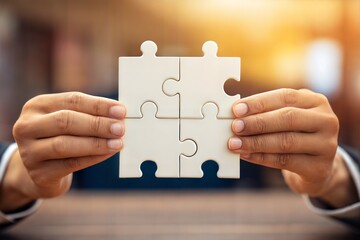 Hands placing a final puzzle piece, representing project completion and success. (Puzzle)