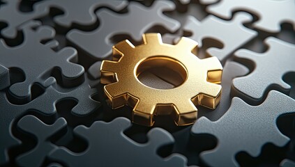 Golden gear amidst a puzzle of grey pieces