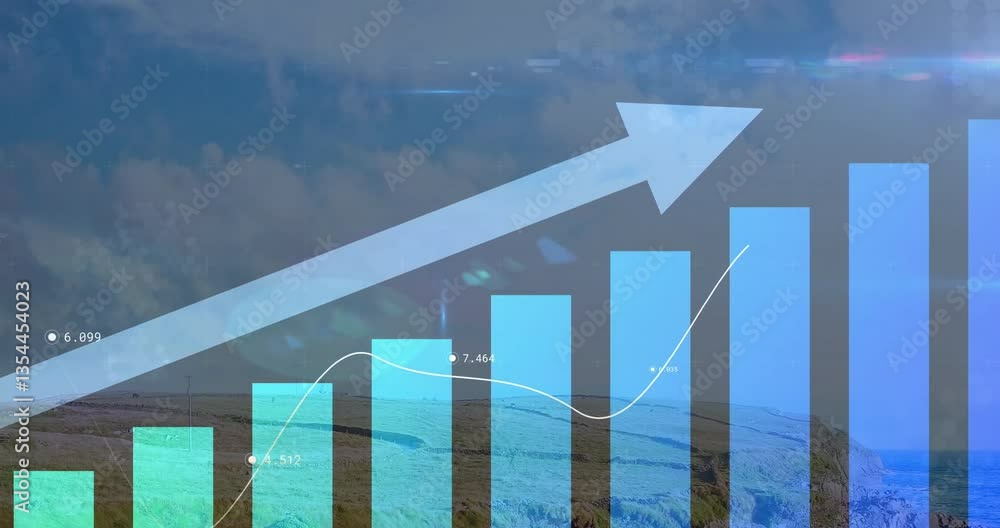 Poster animation of bar graph with upward arrow and line chart over landscape